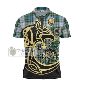 Campbell Dress Tartan Zipper Polo Shirt with Family Crest Celtic Wolf Style