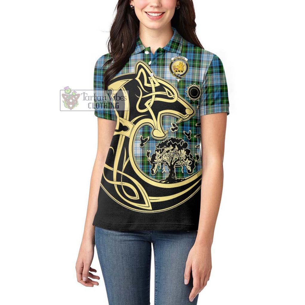 Campbell Dress Tartan Women's Polo Shirt with Family Crest Celtic Wolf Style - Tartanvibesclothing Shop