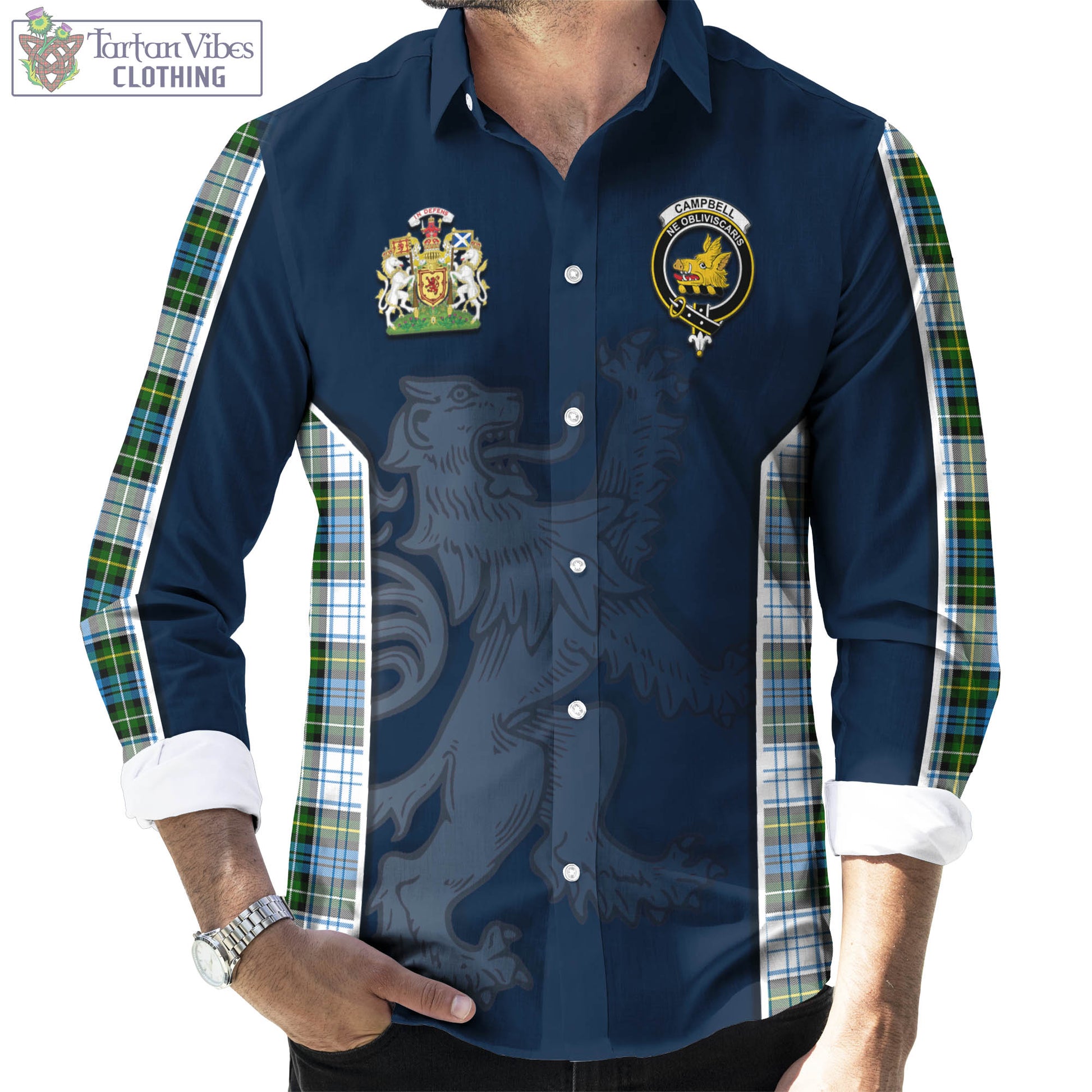 Tartan Vibes Clothing Campbell Dress Tartan Long Sleeve Button Up Shirt with Family Crest and Lion Rampant Vibes Sport Style