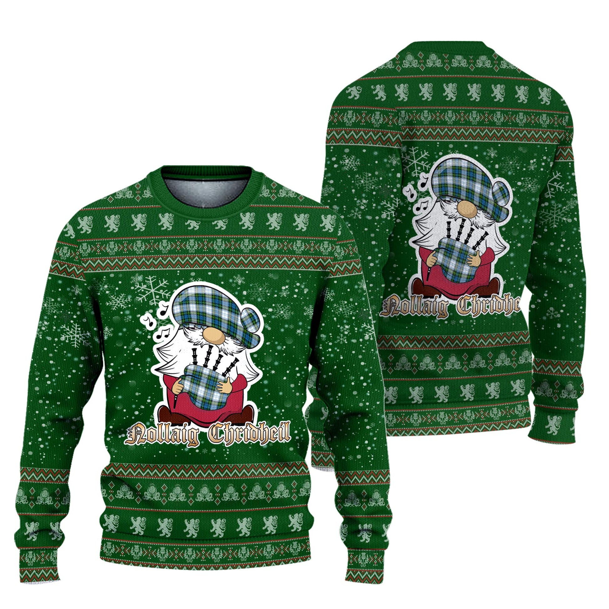 Campbell Dress Clan Christmas Family Knitted Sweater with Funny Gnome Playing Bagpipes Unisex Green - Tartanvibesclothing