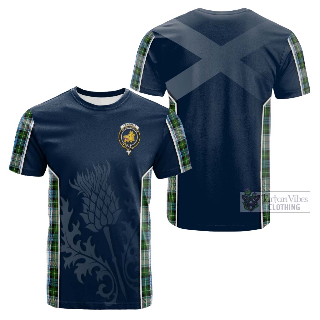 Tartan Vibes Clothing Campbell Dress Tartan Cotton T-shirt with Family Crest and Scottish Thistle Vibes Sport Style