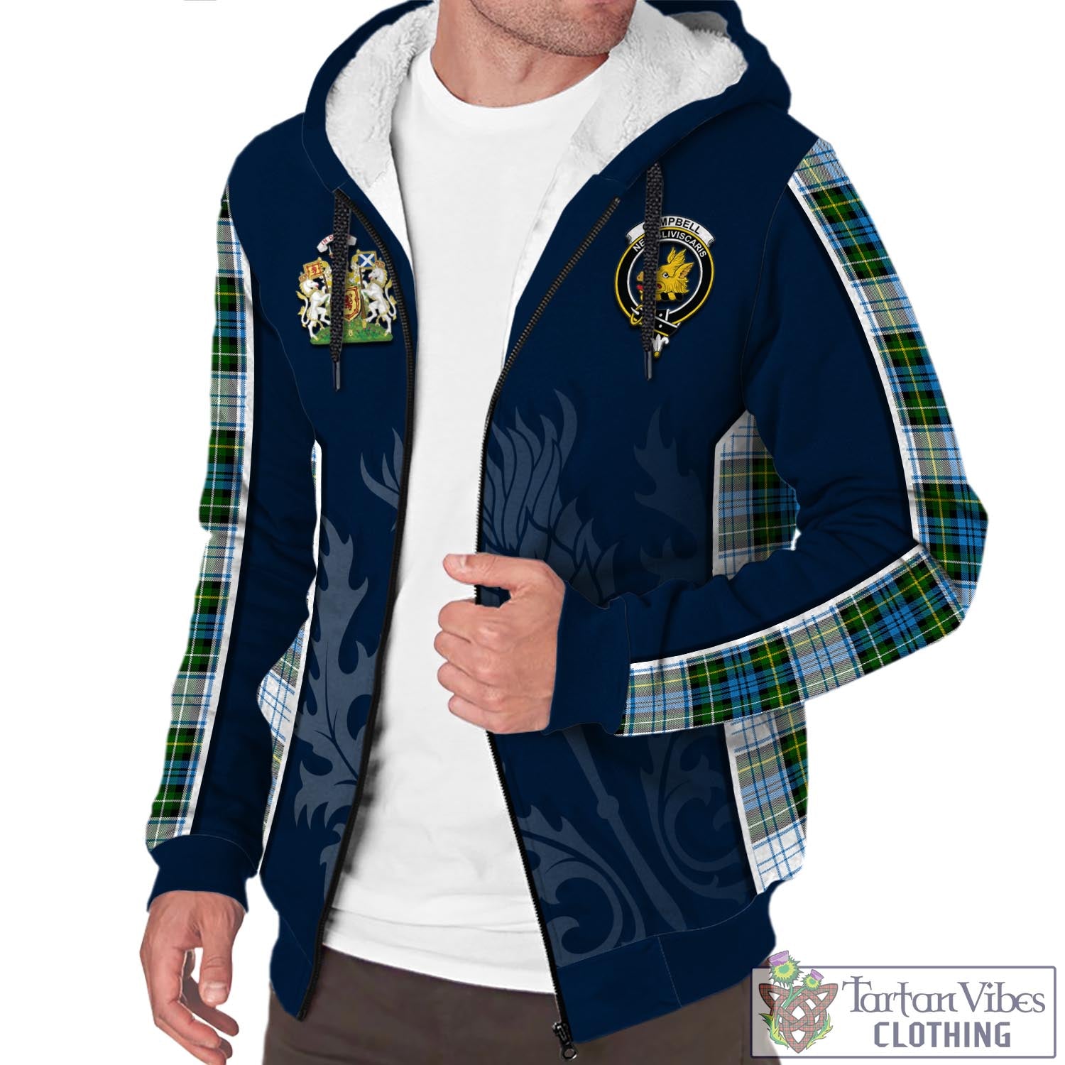 Tartan Vibes Clothing Campbell Dress Tartan Sherpa Hoodie with Family Crest and Scottish Thistle Vibes Sport Style