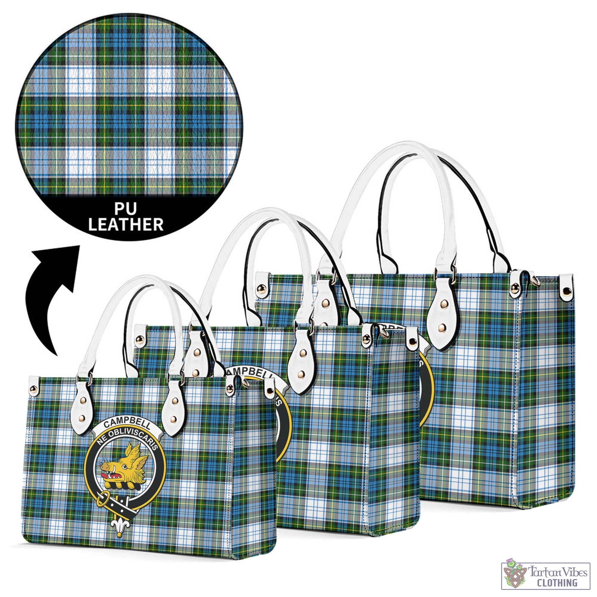 Tartan Vibes Clothing Campbell Dress Tartan Luxury Leather Handbags with Family Crest