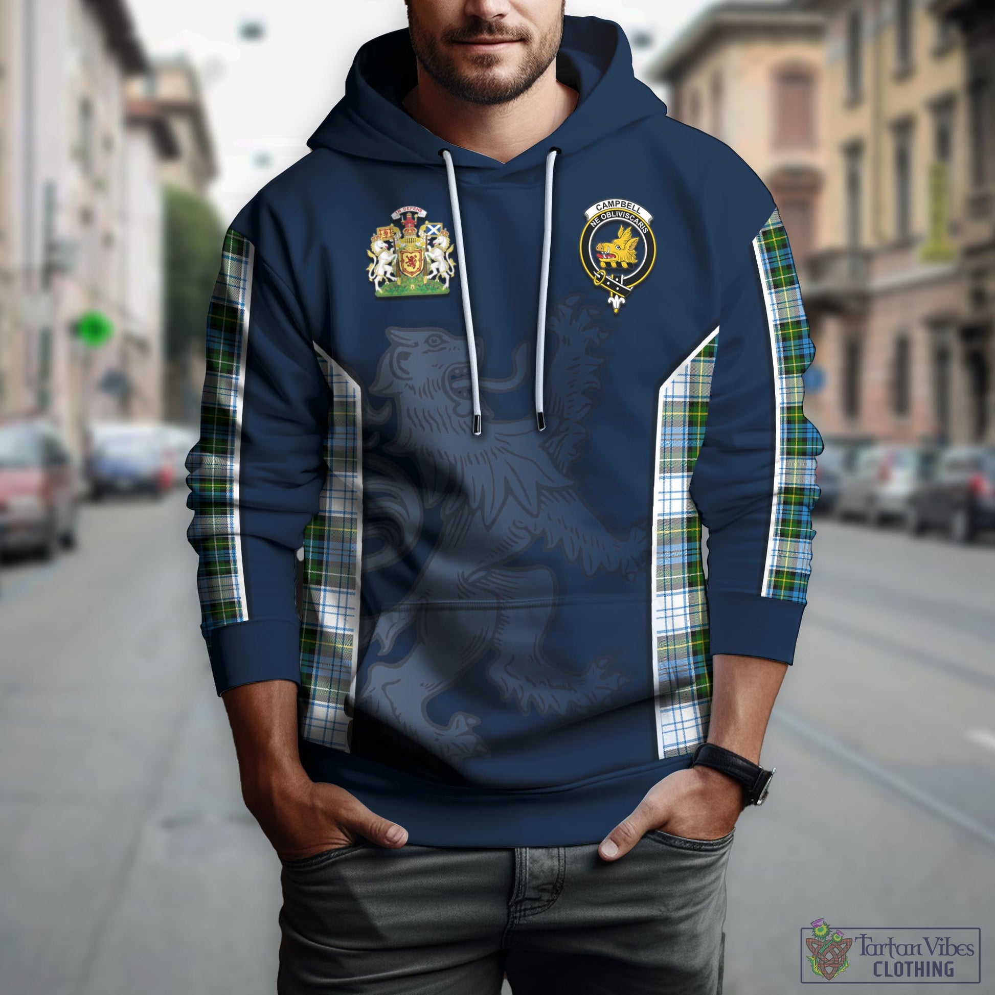 Tartan Vibes Clothing Campbell Dress Tartan Hoodie with Family Crest and Lion Rampant Vibes Sport Style