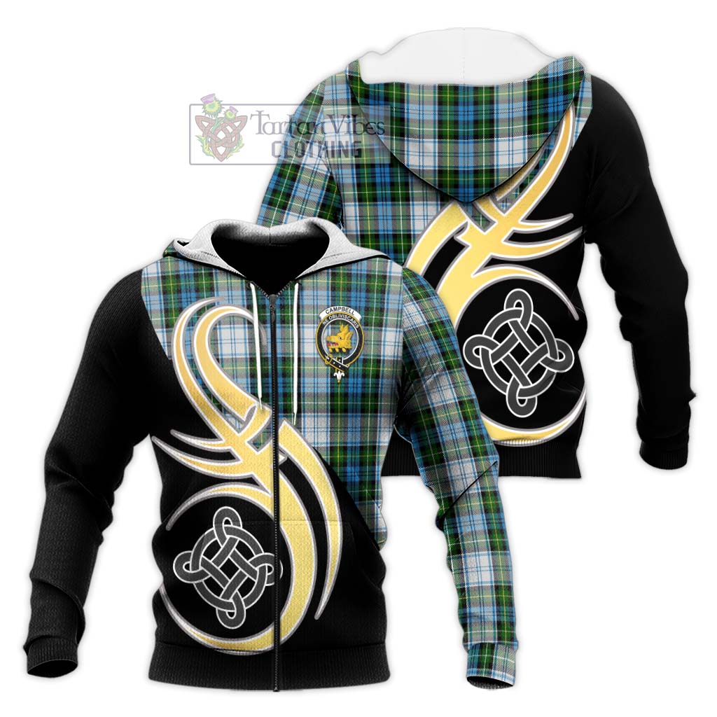 Tartan Vibes Clothing Campbell Dress Tartan Knitted Hoodie with Family Crest and Celtic Symbol Style