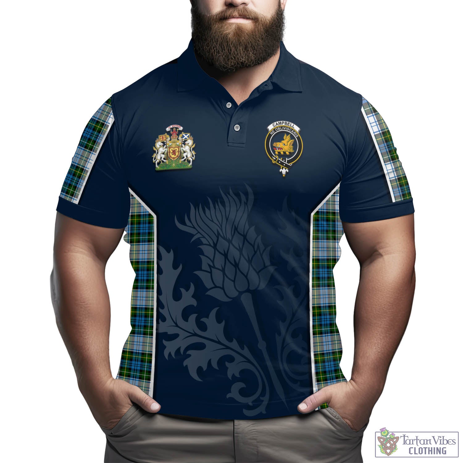 Tartan Vibes Clothing Campbell Dress Tartan Men's Polo Shirt with Family Crest and Scottish Thistle Vibes Sport Style