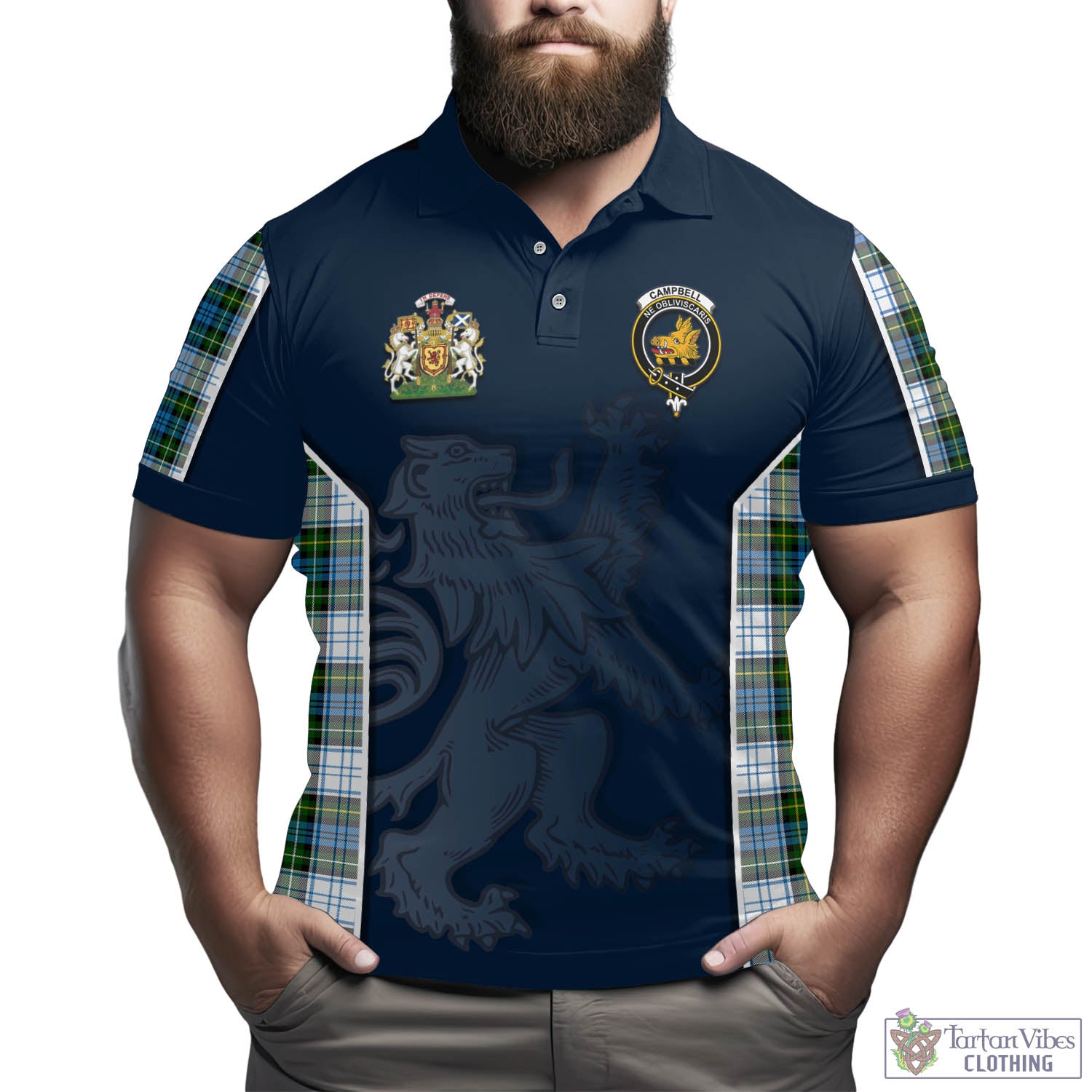 Tartan Vibes Clothing Campbell Dress Tartan Men's Polo Shirt with Family Crest and Lion Rampant Vibes Sport Style