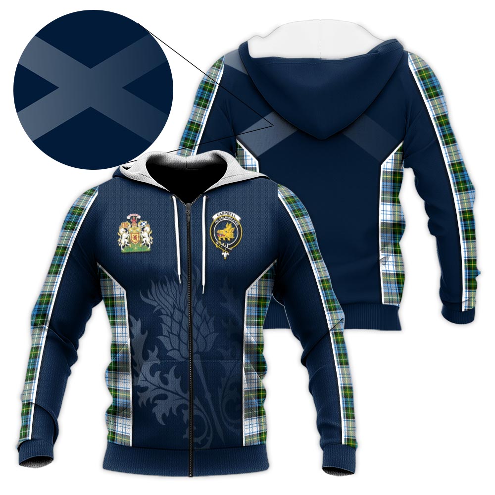 Tartan Vibes Clothing Campbell Dress Tartan Knitted Hoodie with Family Crest and Scottish Thistle Vibes Sport Style