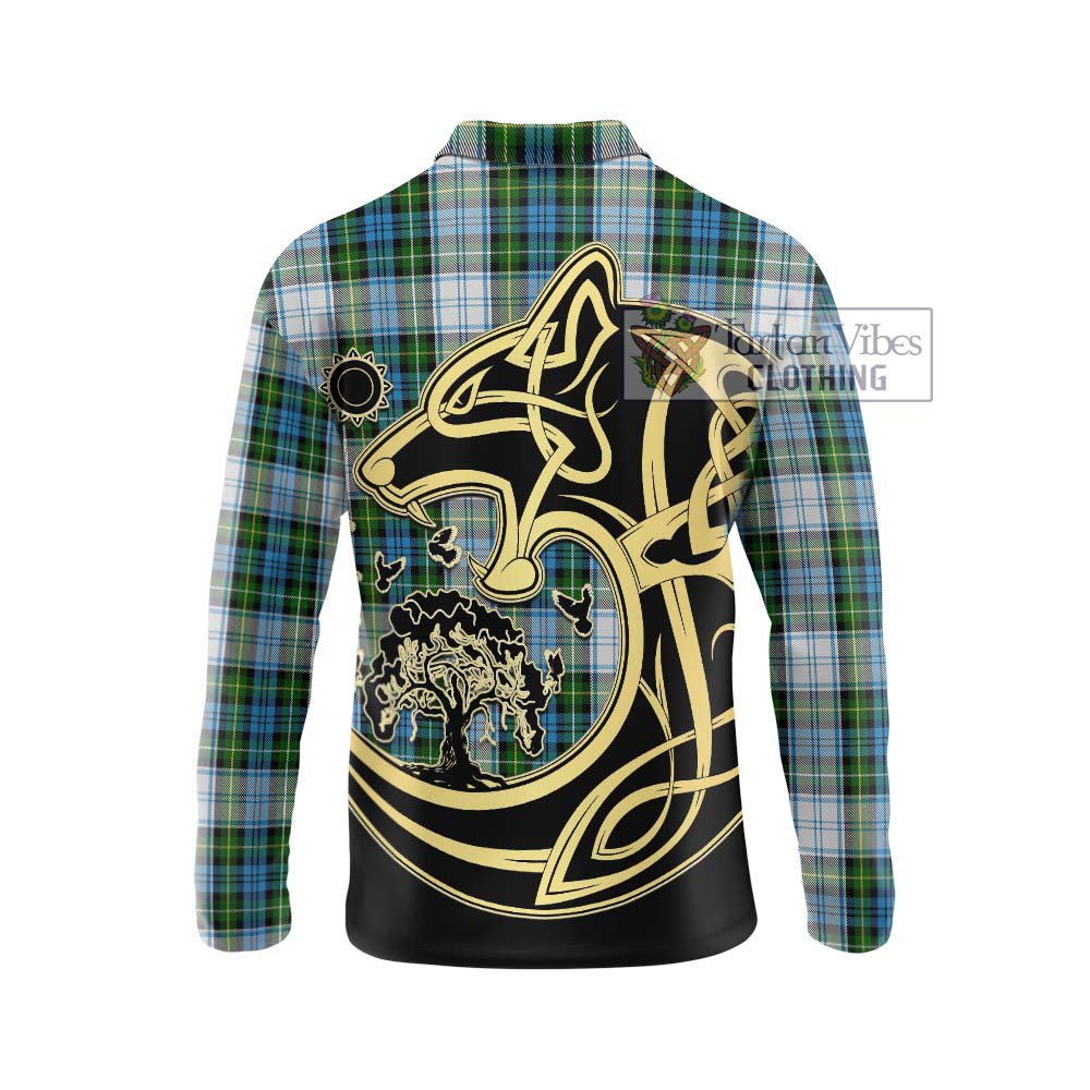 Tartan Vibes Clothing Campbell Dress Tartan Long Sleeve Polo Shirt with Family Crest Celtic Wolf Style