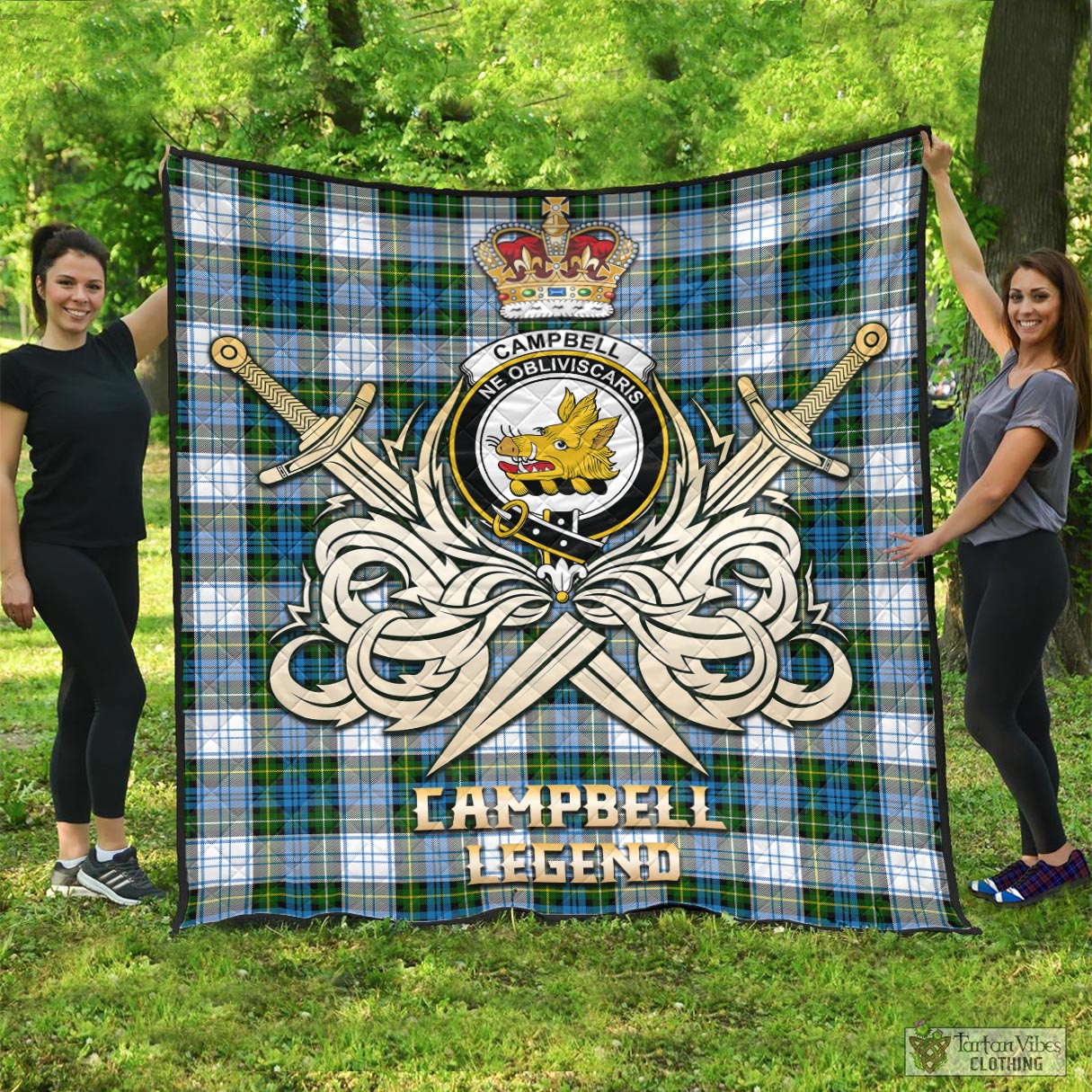 Tartan Vibes Clothing Campbell Dress Tartan Quilt with Clan Crest and the Golden Sword of Courageous Legacy