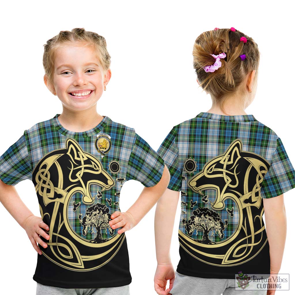 Tartan Vibes Clothing Campbell Dress Tartan Kid T-Shirt with Family Crest Celtic Wolf Style