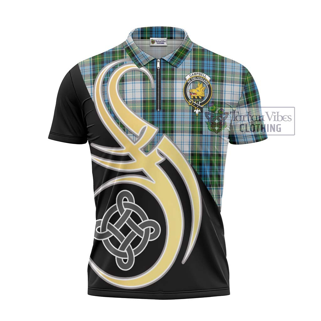 Tartan Vibes Clothing Campbell Dress Tartan Zipper Polo Shirt with Family Crest and Celtic Symbol Style