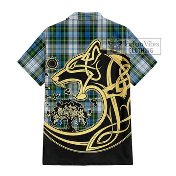 Campbell Dress Tartan Short Sleeve Button Shirt with Family Crest Celtic Wolf Style