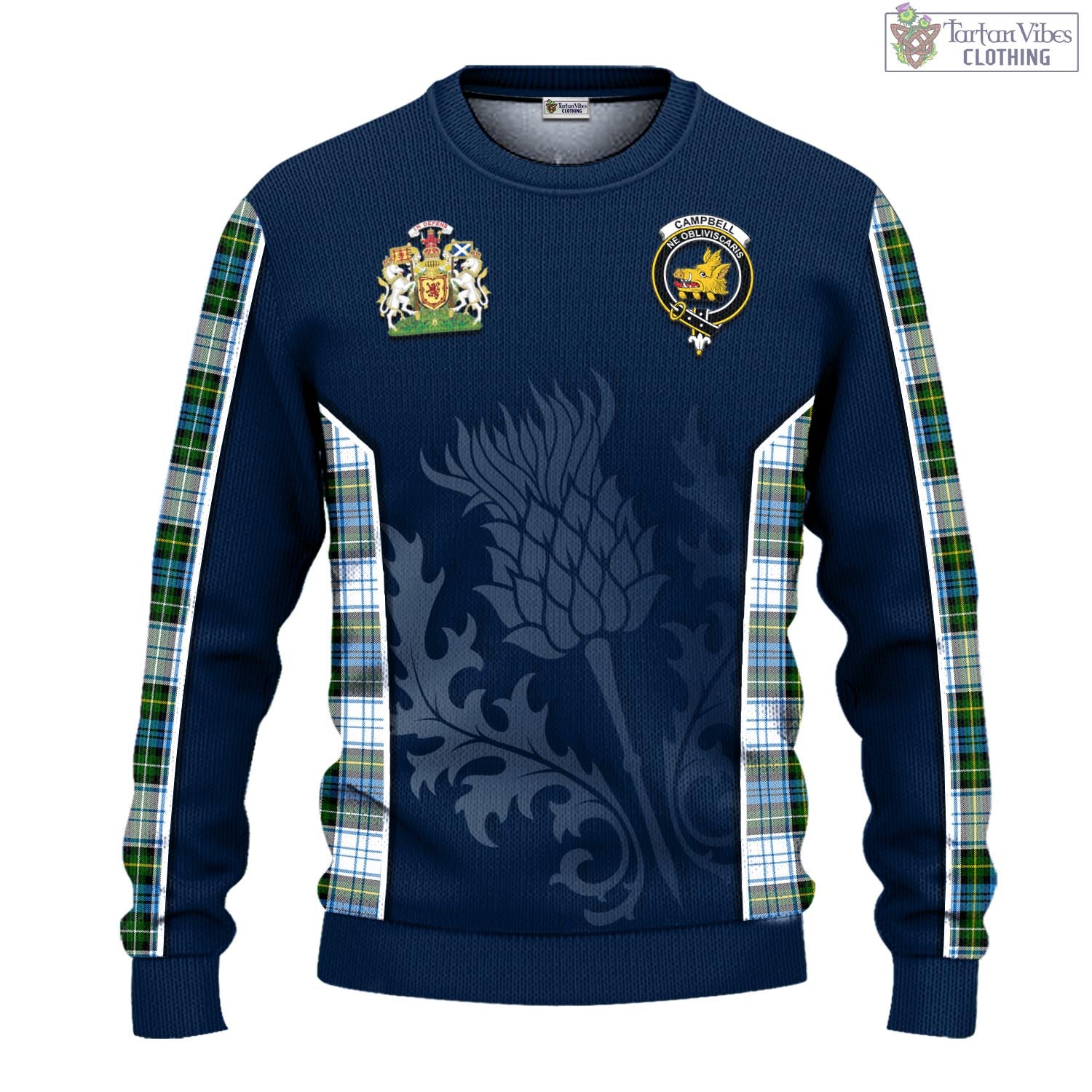 Tartan Vibes Clothing Campbell Dress Tartan Knitted Sweatshirt with Family Crest and Scottish Thistle Vibes Sport Style