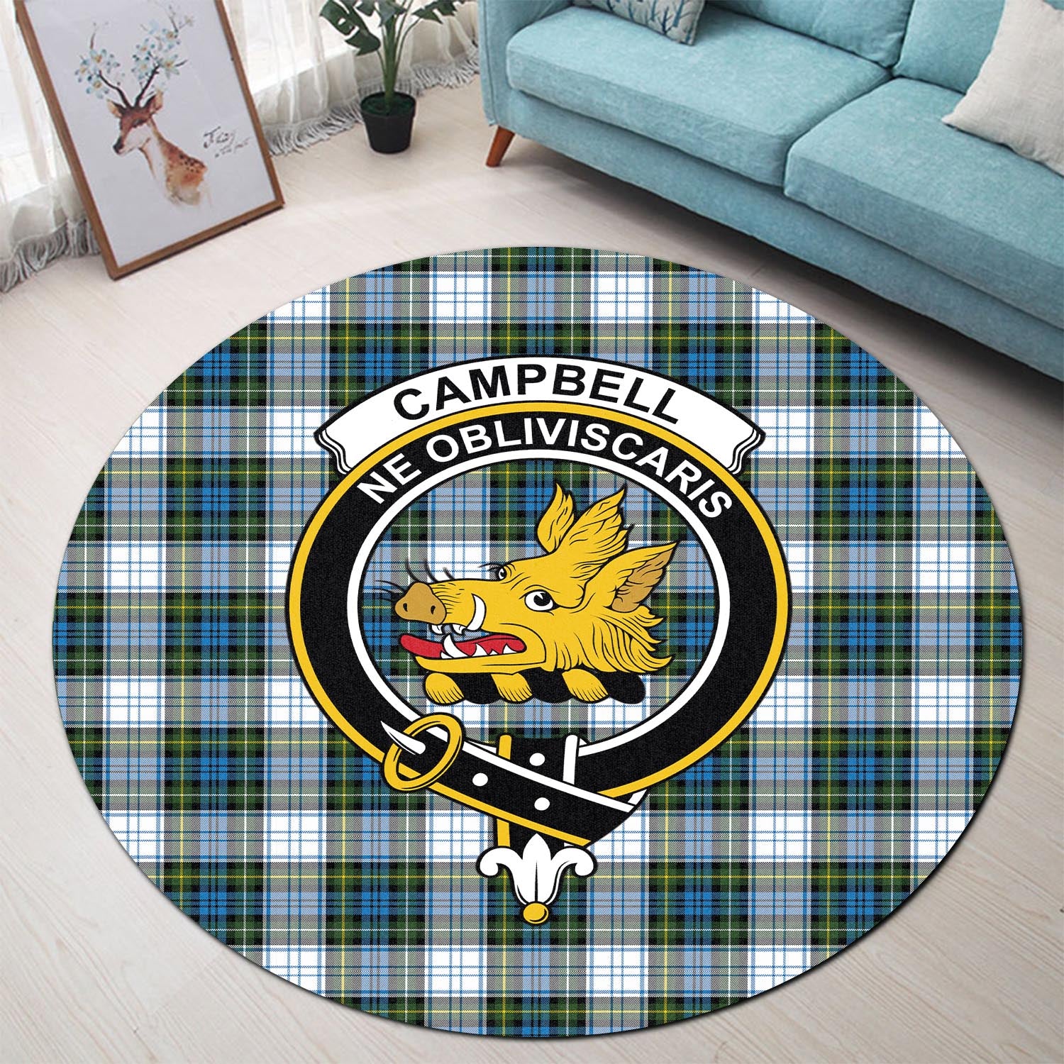Campbell Dress Tartan Round Rug with Family Crest - Tartanvibesclothing