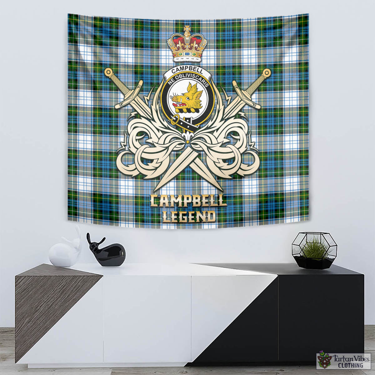 Tartan Vibes Clothing Campbell Dress Tartan Tapestry with Clan Crest and the Golden Sword of Courageous Legacy