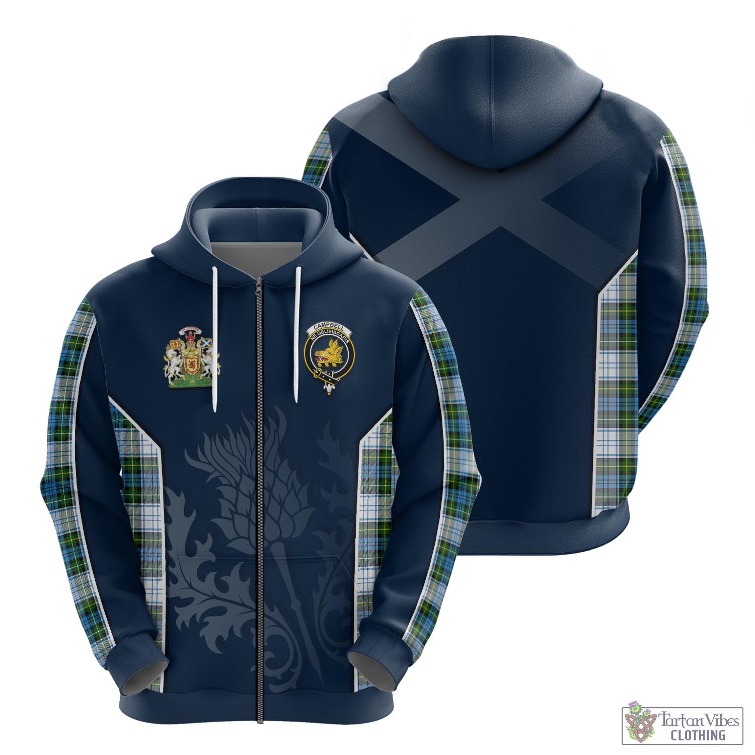 Tartan Vibes Clothing Campbell Dress Tartan Hoodie with Family Crest and Scottish Thistle Vibes Sport Style