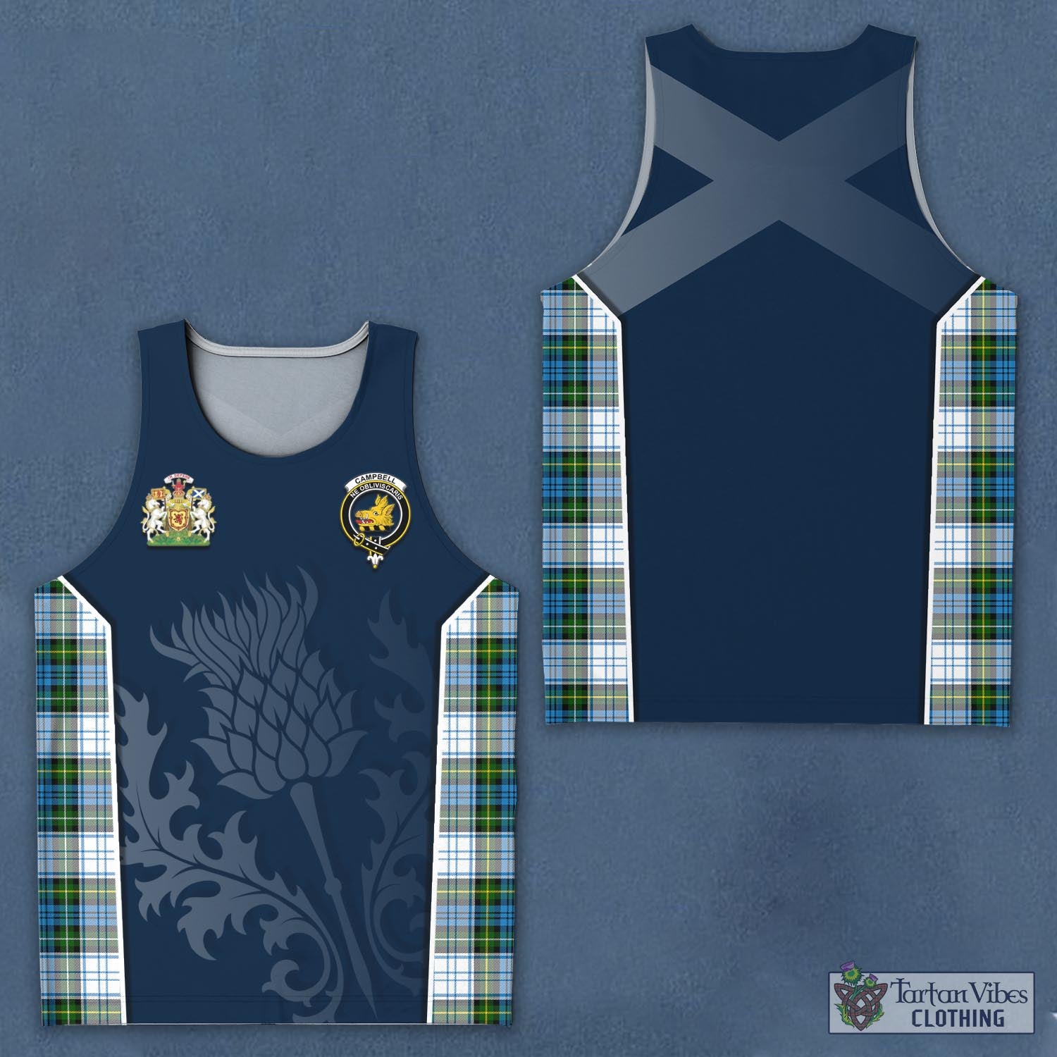 Tartan Vibes Clothing Campbell Dress Tartan Men's Tanks Top with Family Crest and Scottish Thistle Vibes Sport Style