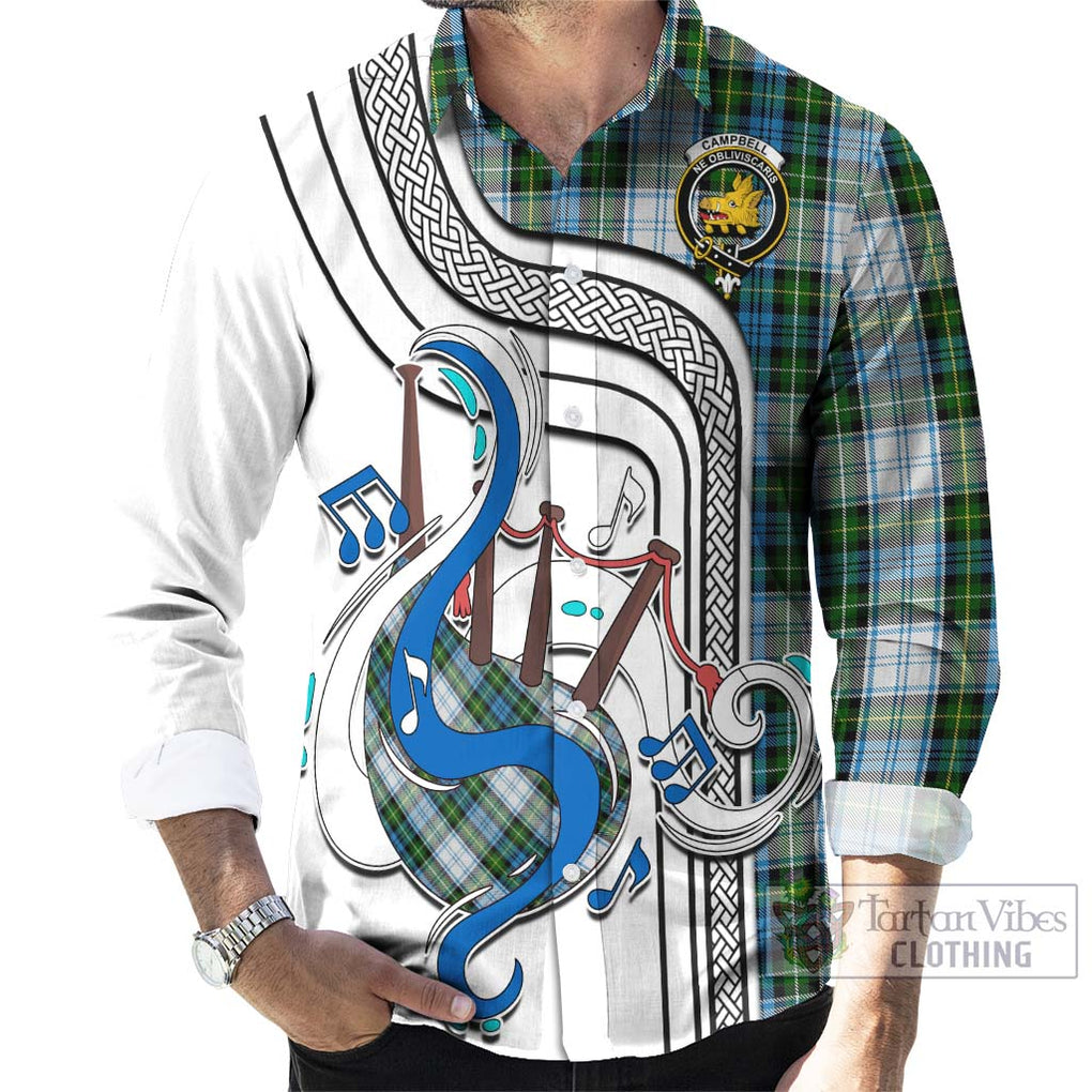 Campbell Dress Tartan Long Sleeve Button Shirt with Epic Bagpipe Style - Tartanvibesclothing Shop