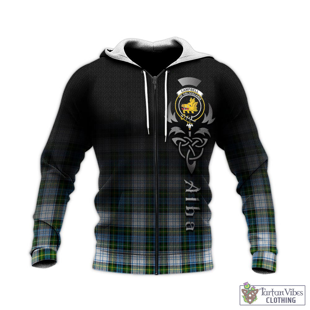 Tartan Vibes Clothing Campbell Dress Tartan Knitted Hoodie Featuring Alba Gu Brath Family Crest Celtic Inspired