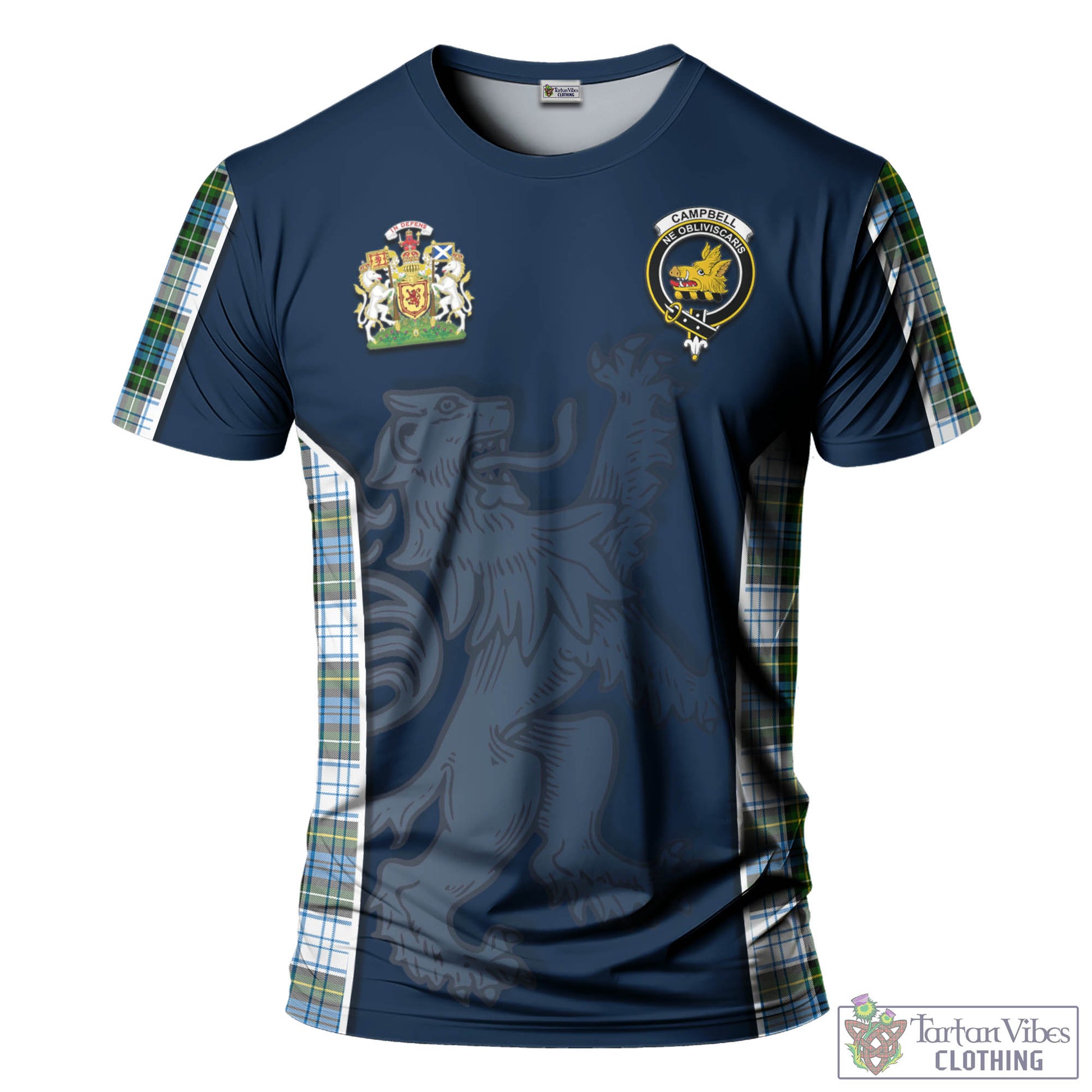 Tartan Vibes Clothing Campbell Dress Tartan T-Shirt with Family Crest and Lion Rampant Vibes Sport Style