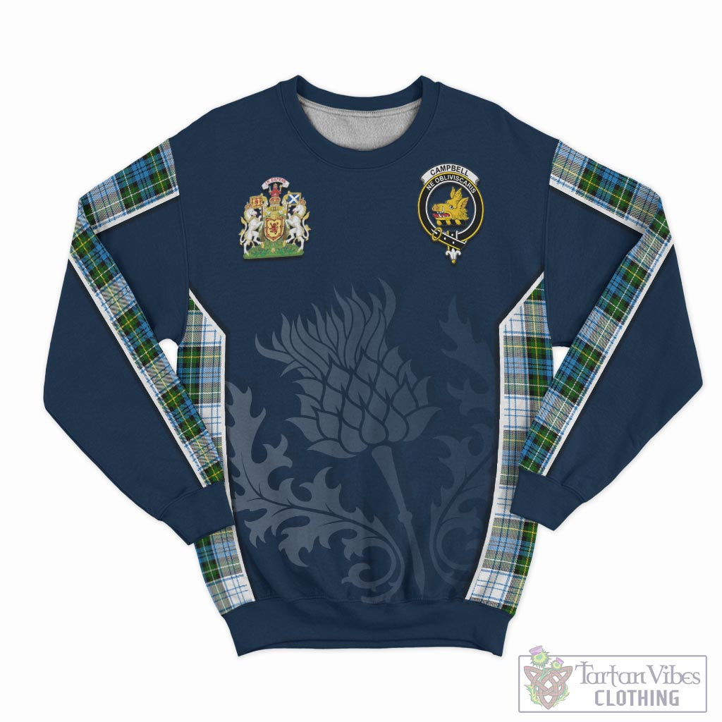 Tartan Vibes Clothing Campbell Dress Tartan Sweatshirt with Family Crest and Scottish Thistle Vibes Sport Style