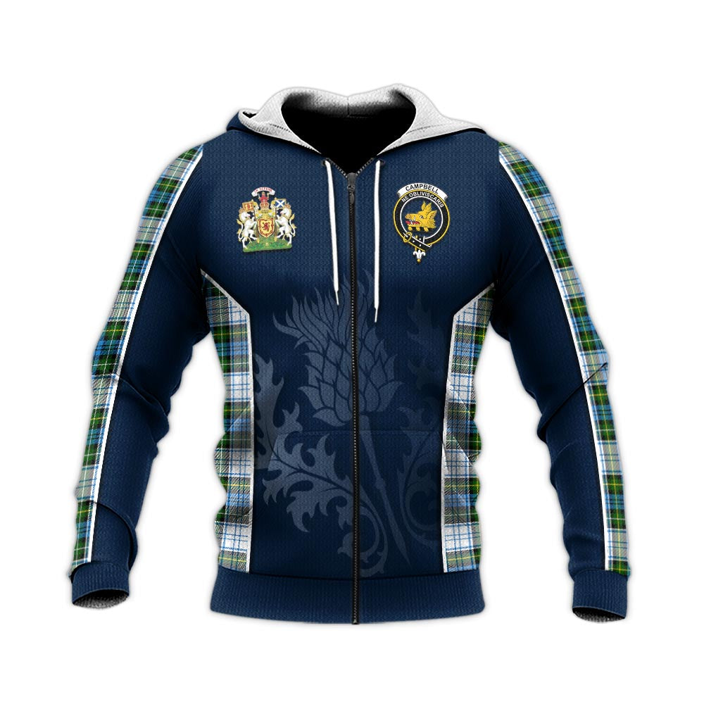 Tartan Vibes Clothing Campbell Dress Tartan Knitted Hoodie with Family Crest and Scottish Thistle Vibes Sport Style