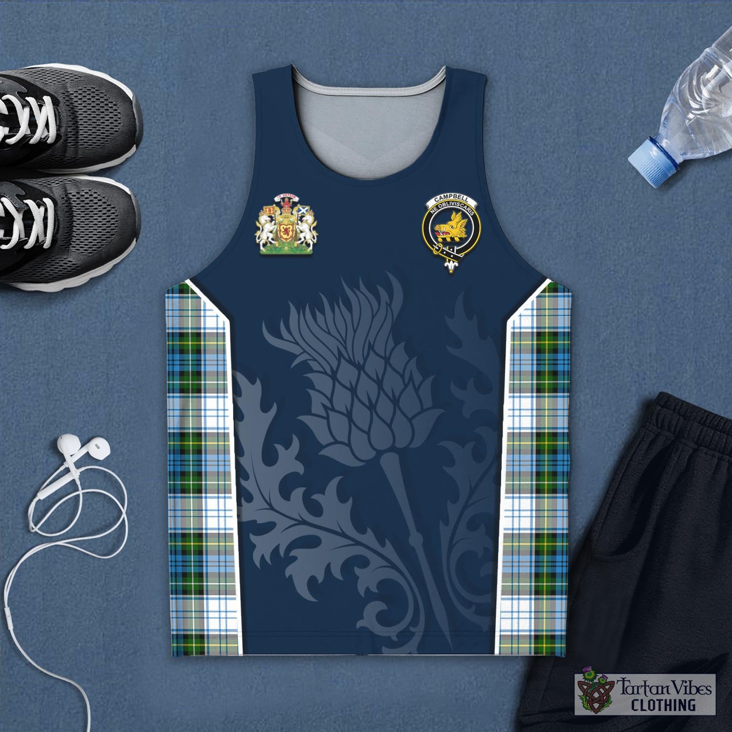 Tartan Vibes Clothing Campbell Dress Tartan Men's Tanks Top with Family Crest and Scottish Thistle Vibes Sport Style