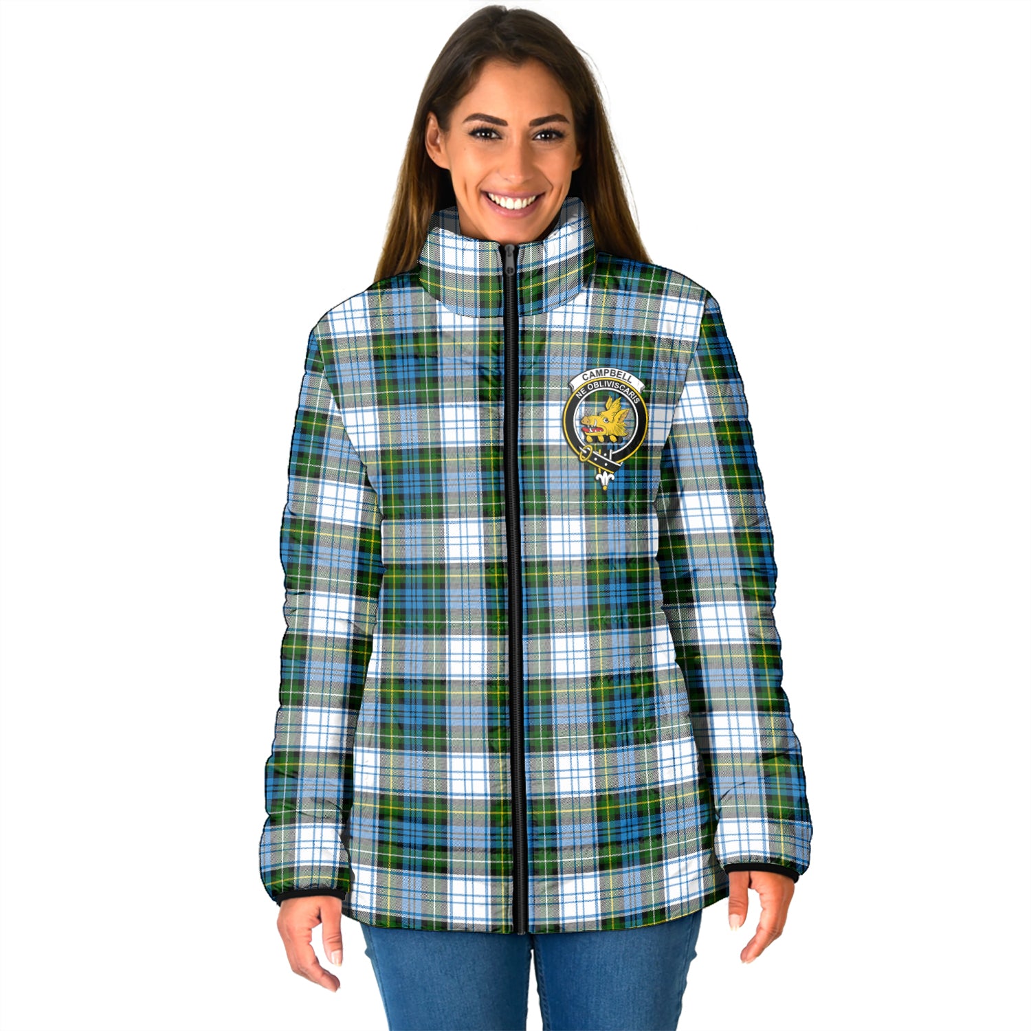 Campbell Dress Tartan Padded Jacket with Family Crest - Tartan Vibes Clothing