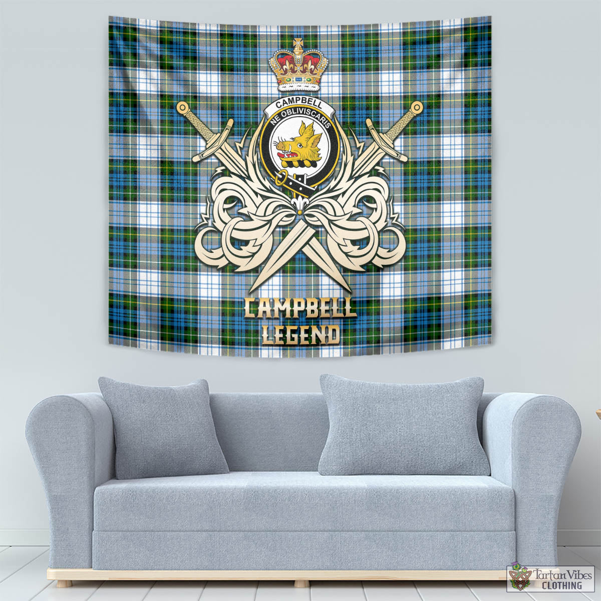 Tartan Vibes Clothing Campbell Dress Tartan Tapestry with Clan Crest and the Golden Sword of Courageous Legacy