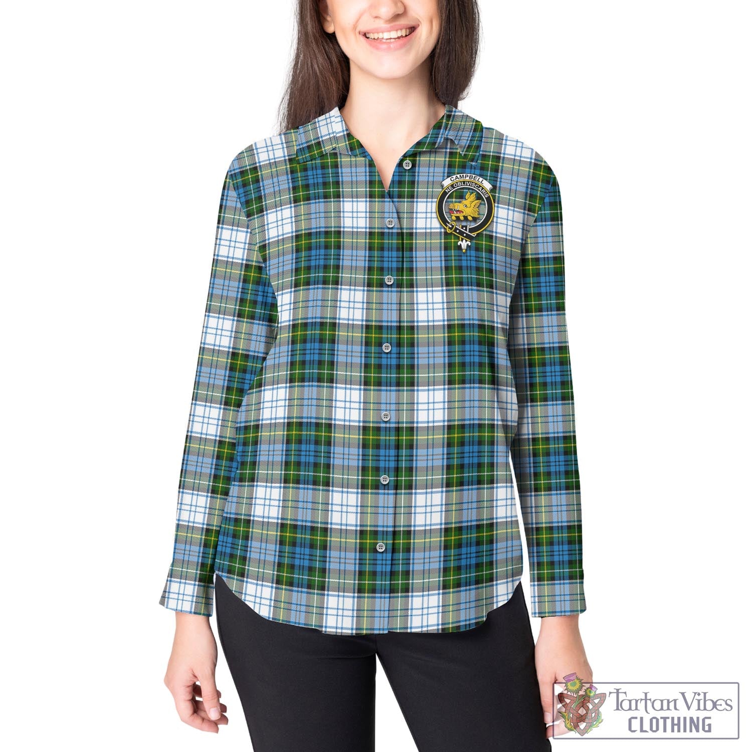 Tartan Vibes Clothing Campbell Dress Tartan Womens Casual Shirt with Family Crest