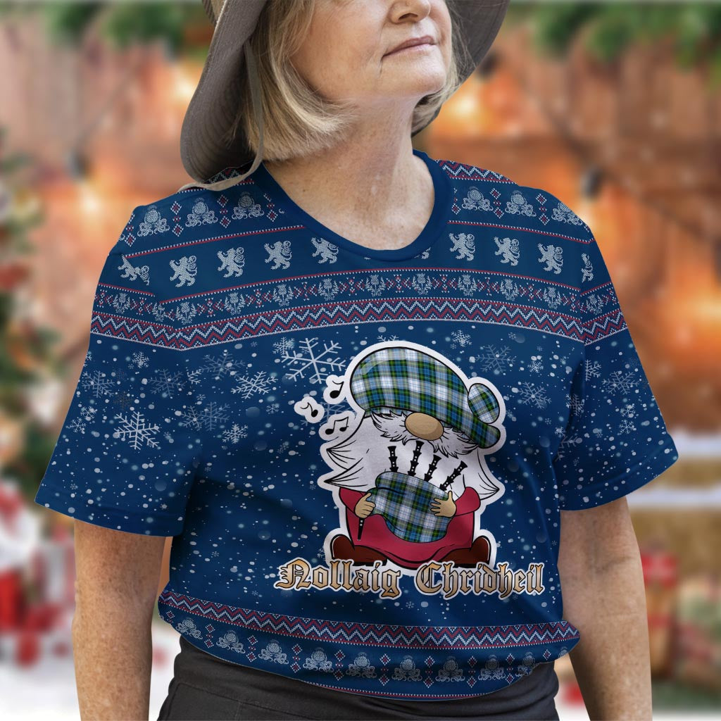 Campbell Dress Clan Christmas Family T-Shirt with Funny Gnome Playing Bagpipes Women's Shirt Blue - Tartanvibesclothing