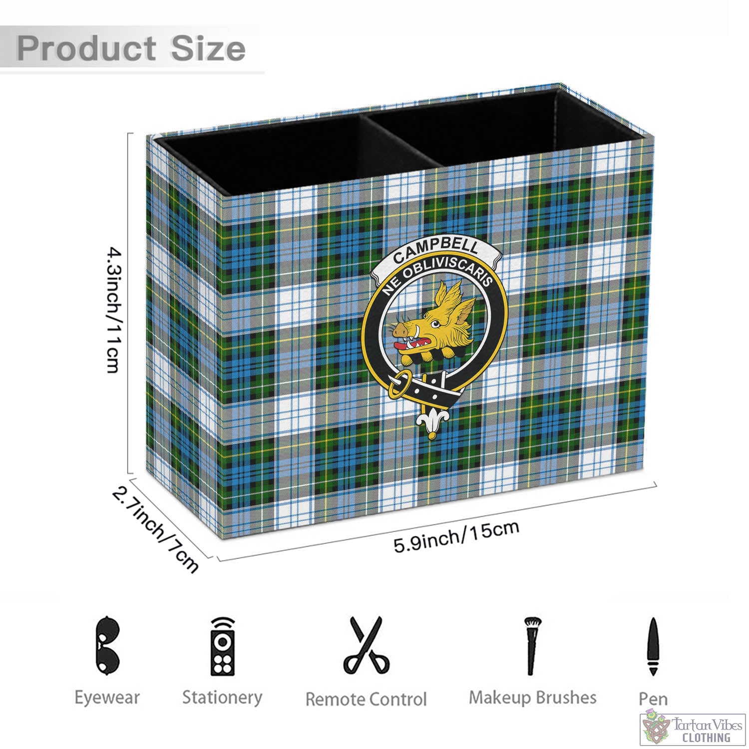 Tartan Vibes Clothing Campbell Dress Tartan Pen Holder with Family Crest