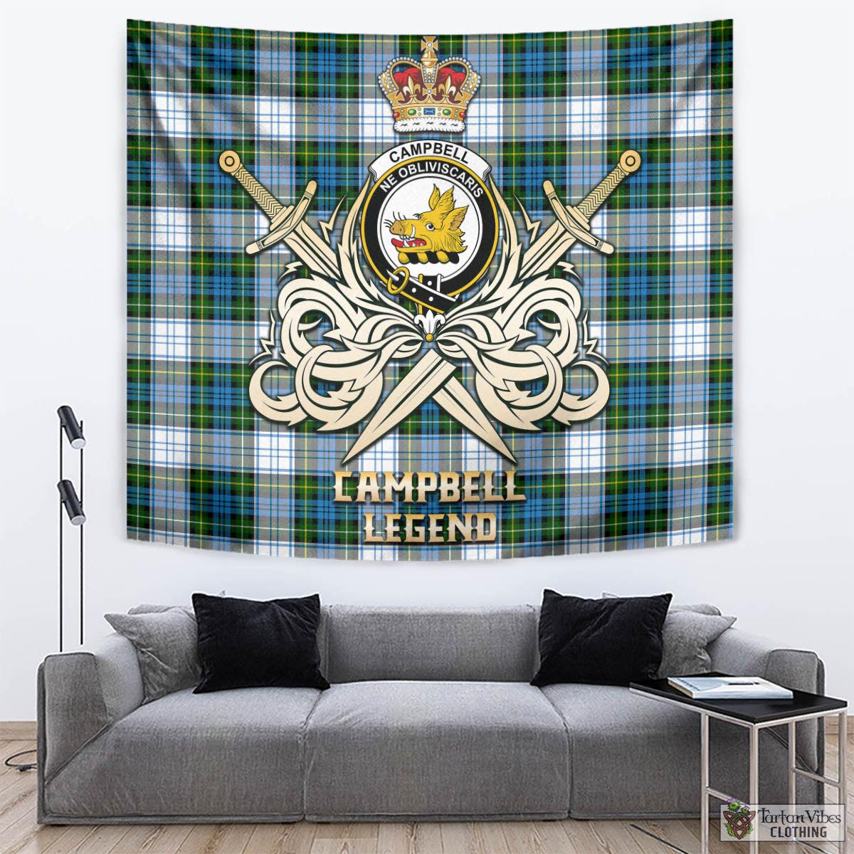 Tartan Vibes Clothing Campbell Dress Tartan Tapestry with Clan Crest and the Golden Sword of Courageous Legacy