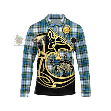 Campbell Dress Ancient Tartan Long Sleeve Polo Shirt with Family Crest Celtic Wolf Style