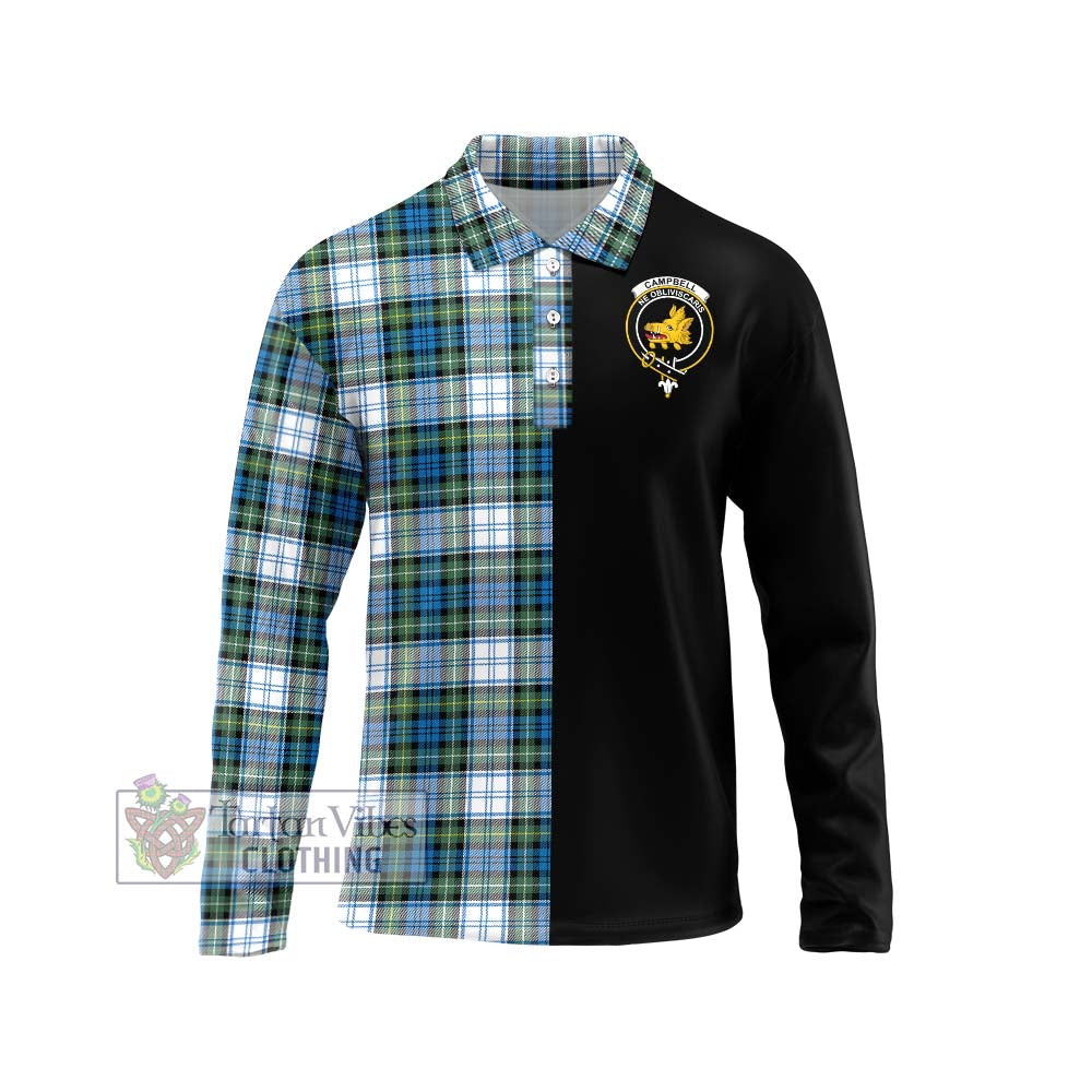 Campbell Dress Ancient Tartan Long Sleeve Polo Shirt with Family Crest and Half Of Me Style Unisex - Tartanvibesclothing Shop