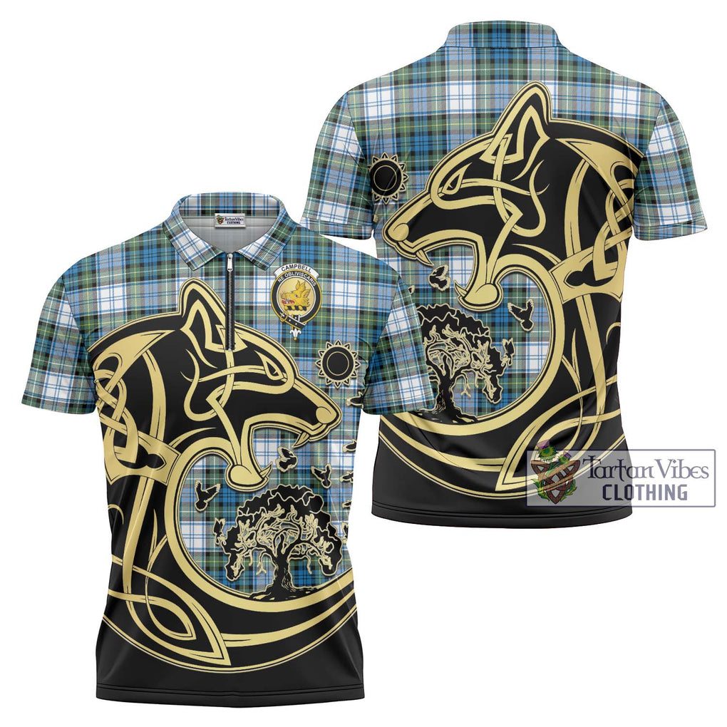 Campbell Dress Ancient Tartan Zipper Polo Shirt with Family Crest Celtic Wolf Style Unisex - Tartanvibesclothing Shop