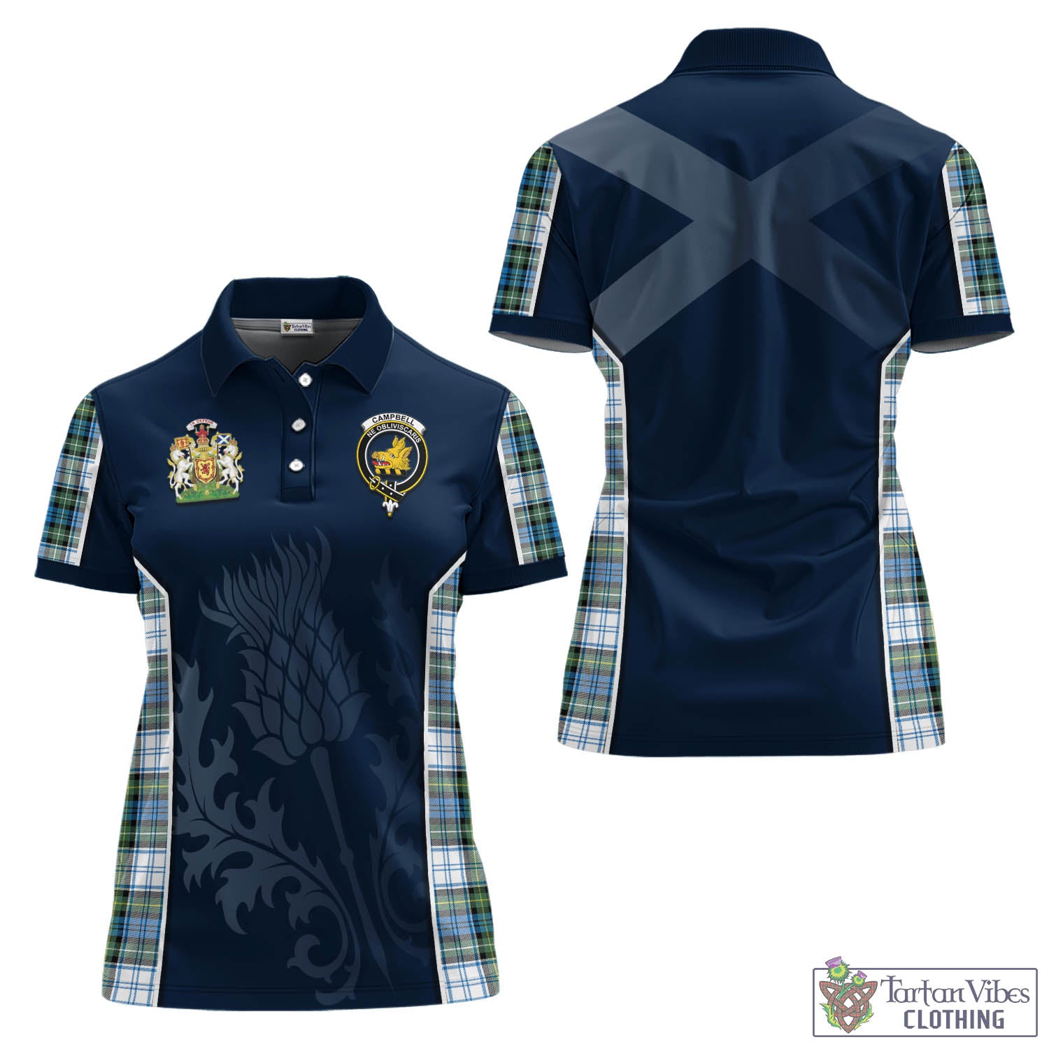 Tartan Vibes Clothing Campbell Dress Ancient Tartan Women's Polo Shirt with Family Crest and Scottish Thistle Vibes Sport Style