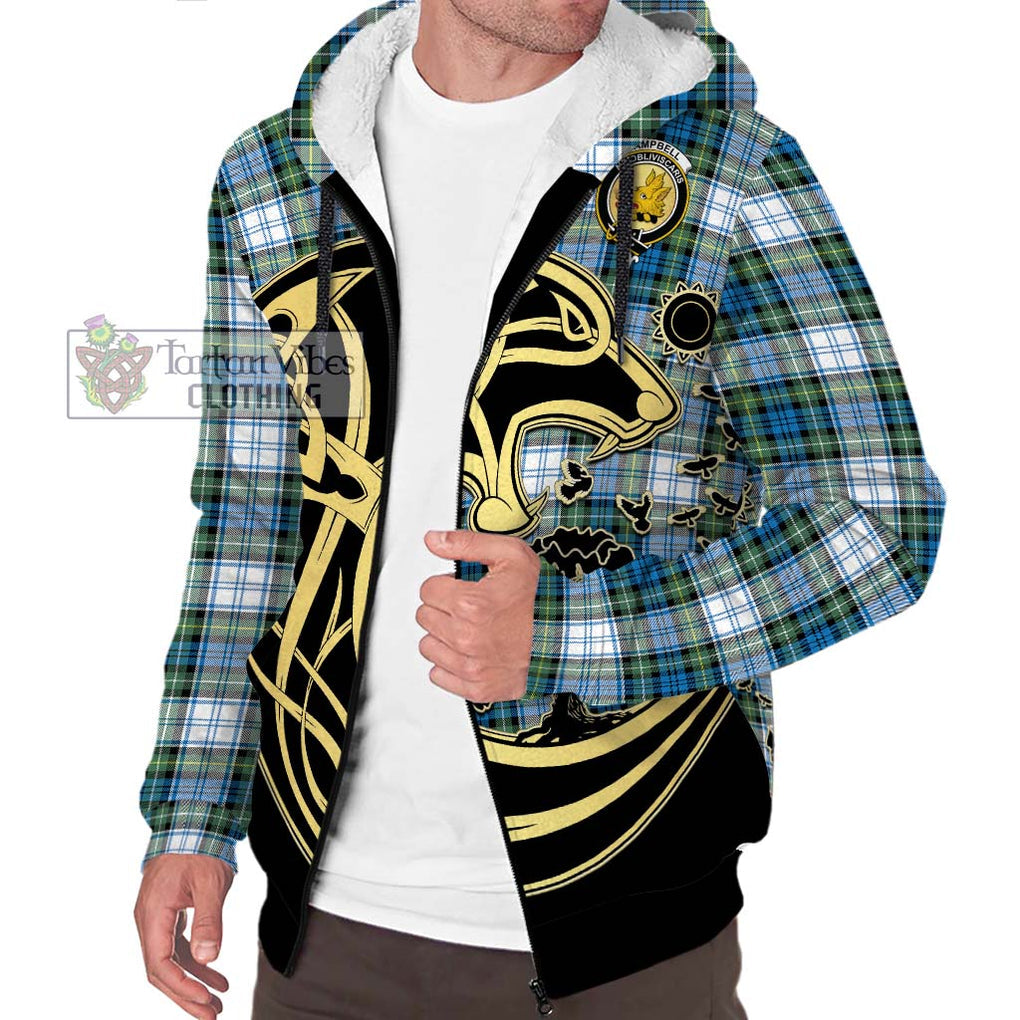 Campbell Dress Ancient Tartan Sherpa Hoodie with Family Crest Celtic Wolf Style Unisex S - Tartan Vibes Clothing