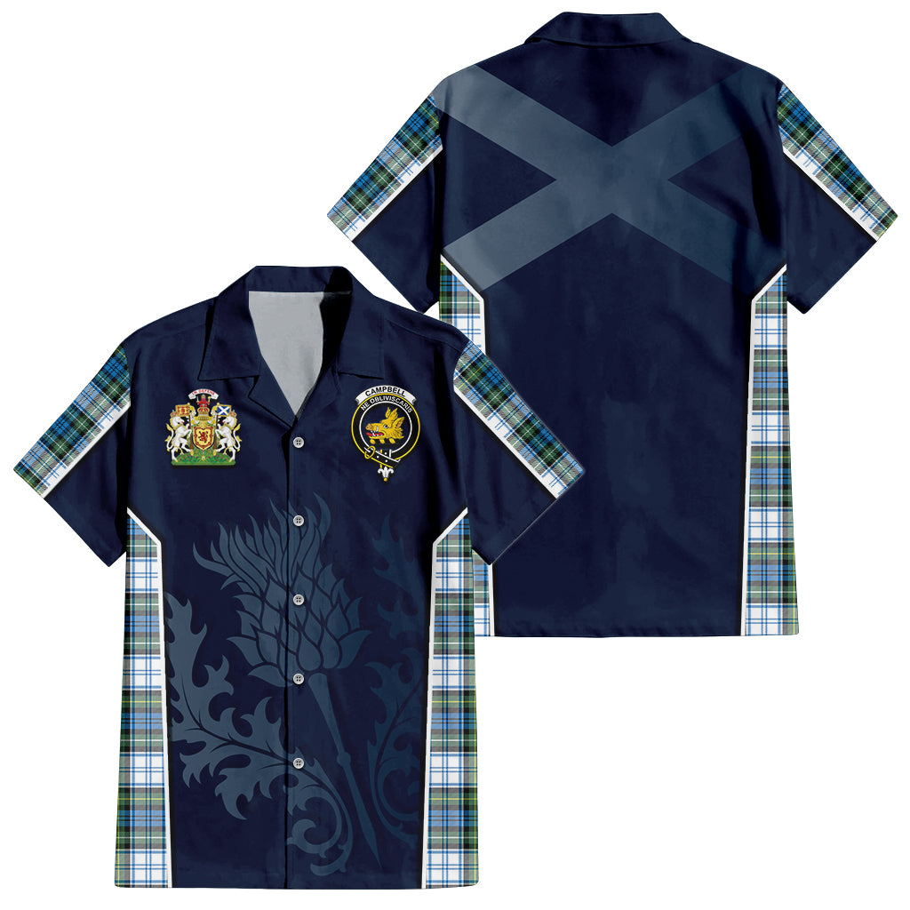 Tartan Vibes Clothing Campbell Dress Ancient Tartan Short Sleeve Button Up Shirt with Family Crest and Scottish Thistle Vibes Sport Style