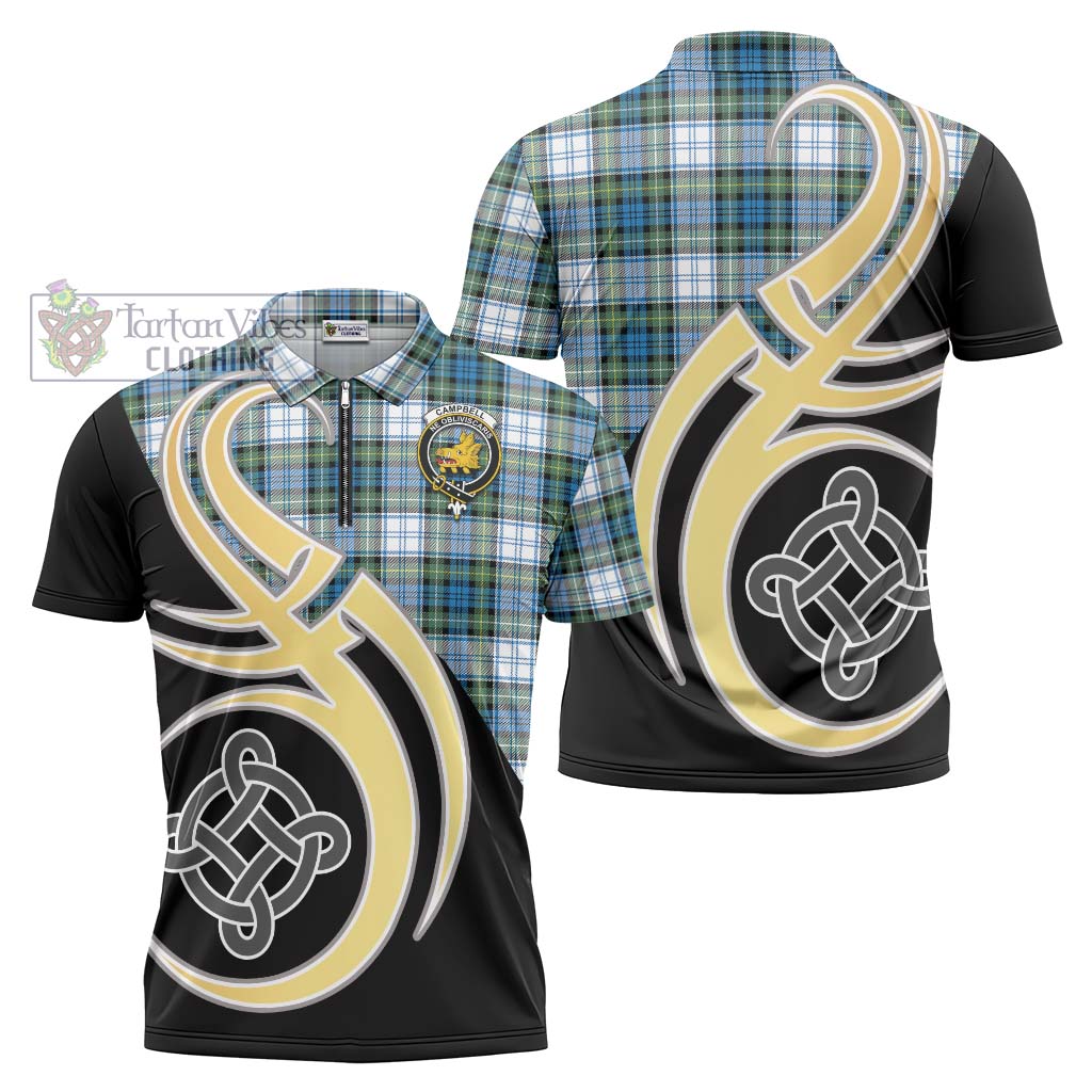 Tartan Vibes Clothing Campbell Dress Ancient Tartan Zipper Polo Shirt with Family Crest and Celtic Symbol Style