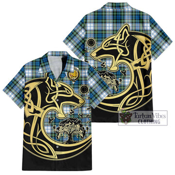 Campbell Dress Ancient Tartan Short Sleeve Button Shirt with Family Crest Celtic Wolf Style