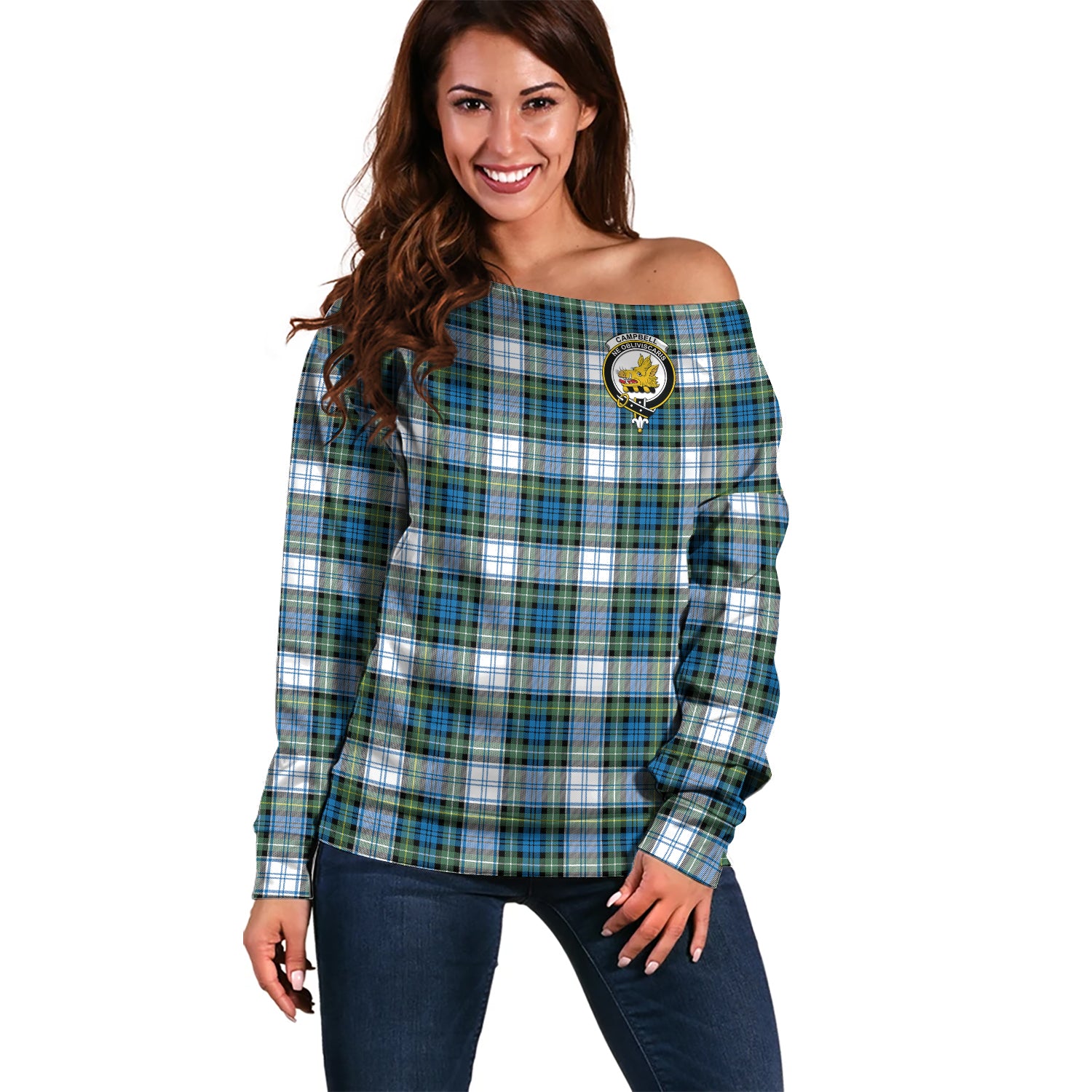 Campbell Dress Ancient Tartan Off Shoulder Women Sweater with Family Crest Women - Tartanvibesclothing