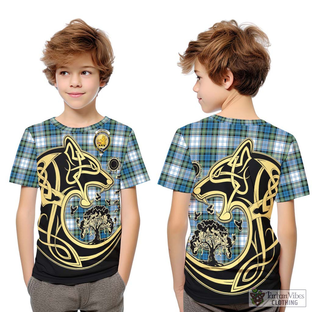 Campbell Dress Ancient Tartan Kid T-Shirt with Family Crest Celtic Wolf Style Youth XL Size14 - Tartan Vibes Clothing