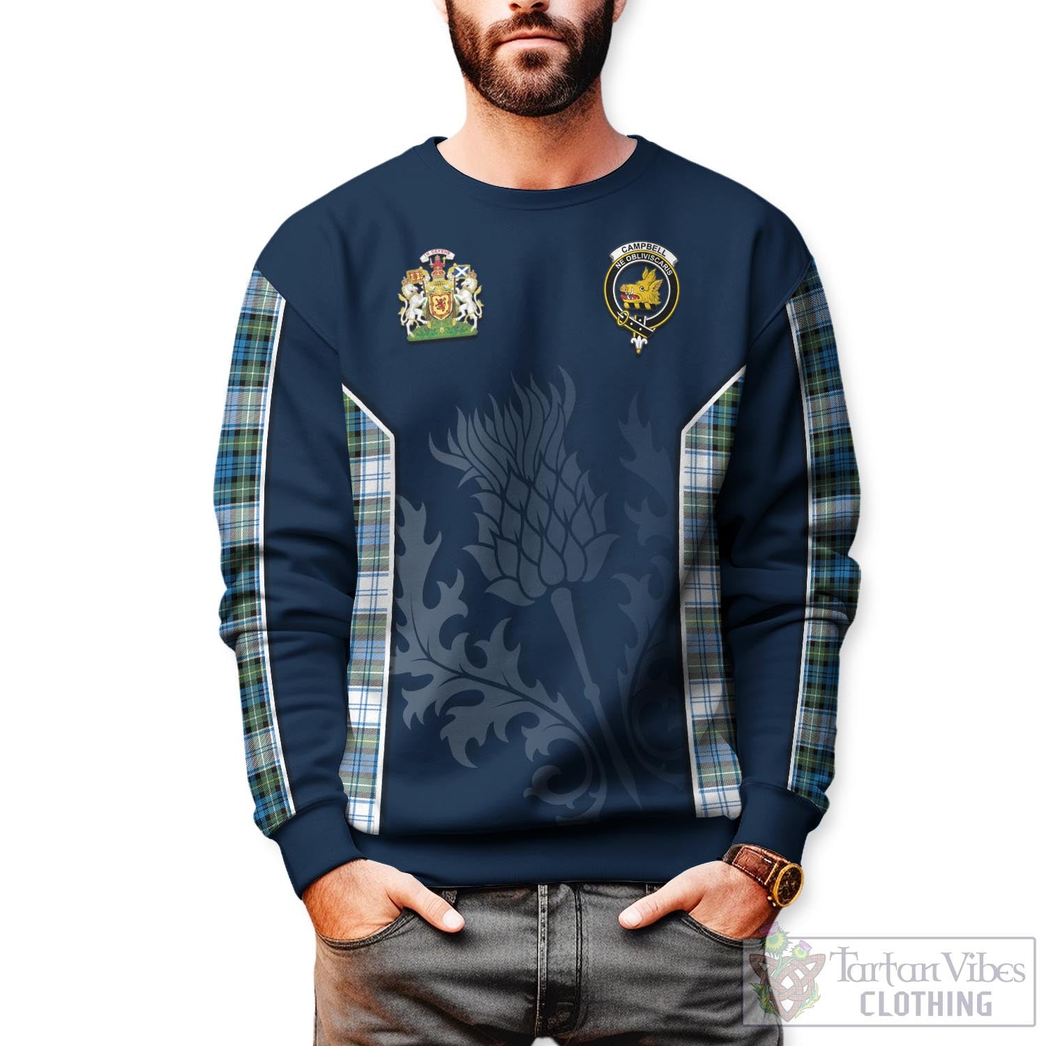 Tartan Vibes Clothing Campbell Dress Ancient Tartan Sweatshirt with Family Crest and Scottish Thistle Vibes Sport Style