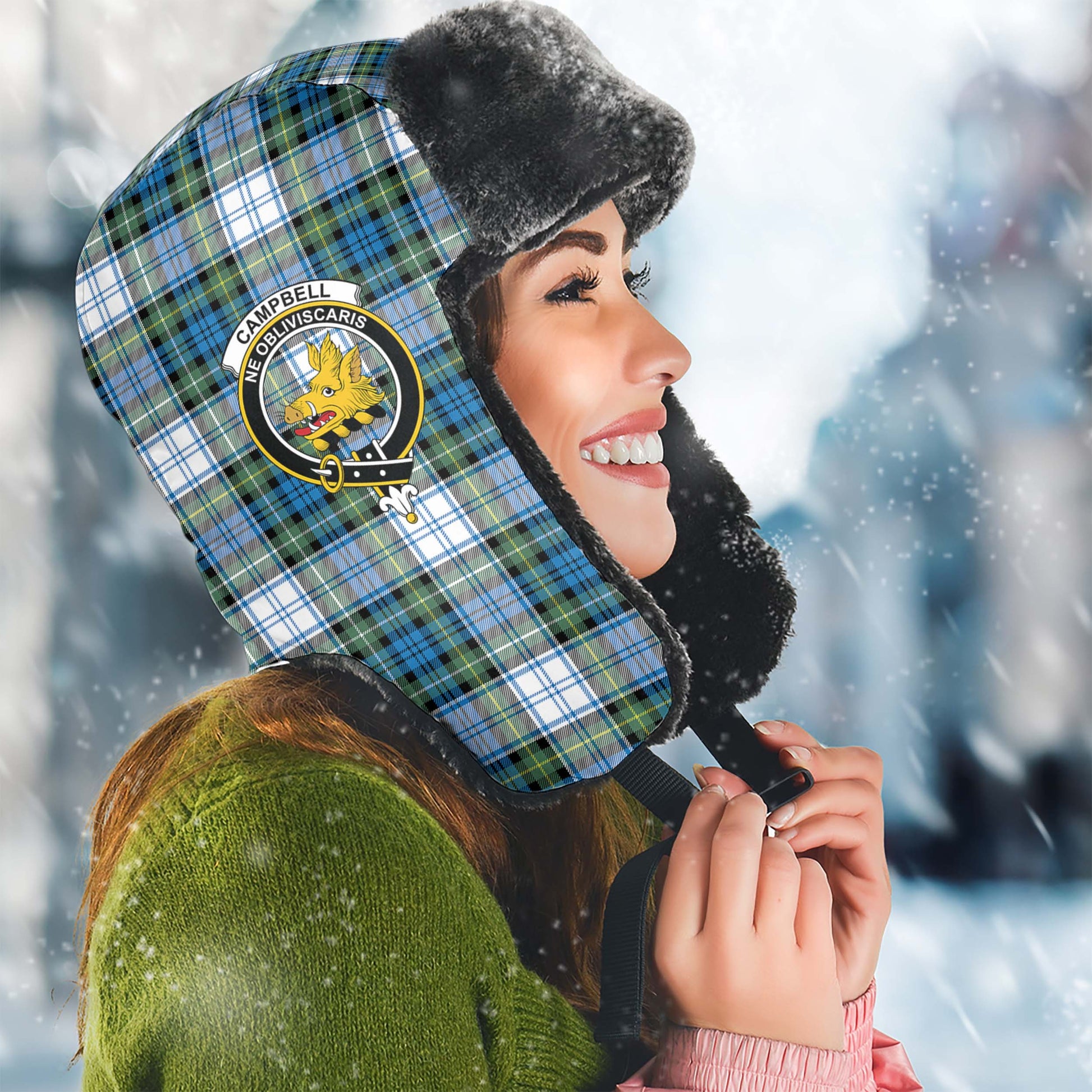 Campbell Dress Ancient Tartan Winter Trapper Hat with Family Crest Winter Trapper Hat Universal Fit Circumference 22.8in (58cm) - Tartanvibesclothing