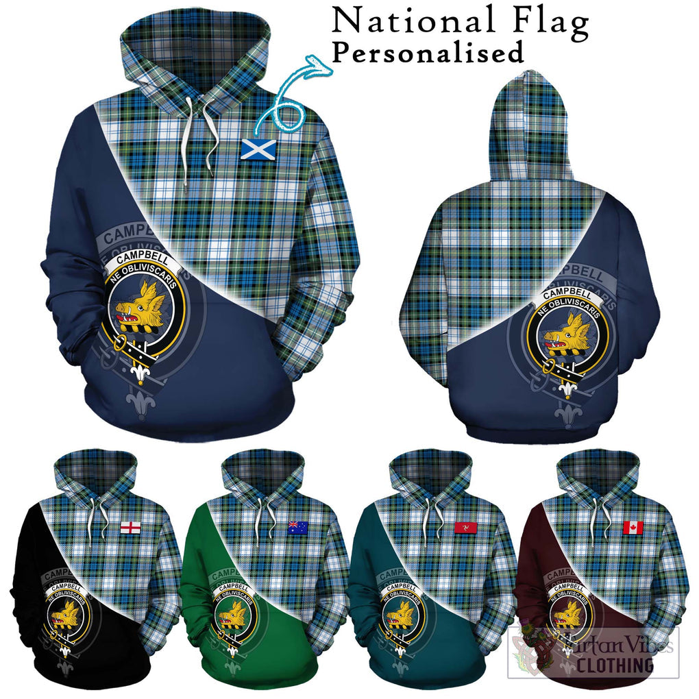 Campbell Dress Ancient Tartan Hoodie with Personalised National Flag and Family Crest Half Style Zip Hoodie - Tartanvibesclothing Shop