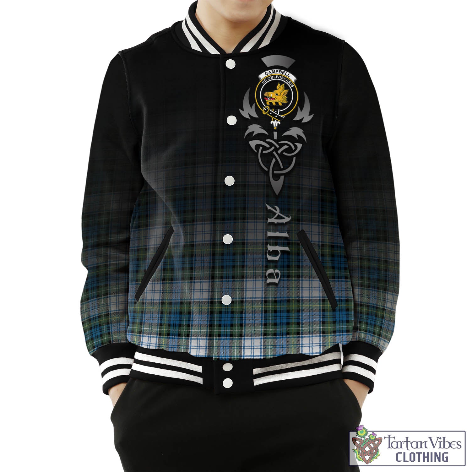 Tartan Vibes Clothing Campbell Dress Ancient Tartan Baseball Jacket Featuring Alba Gu Brath Family Crest Celtic Inspired