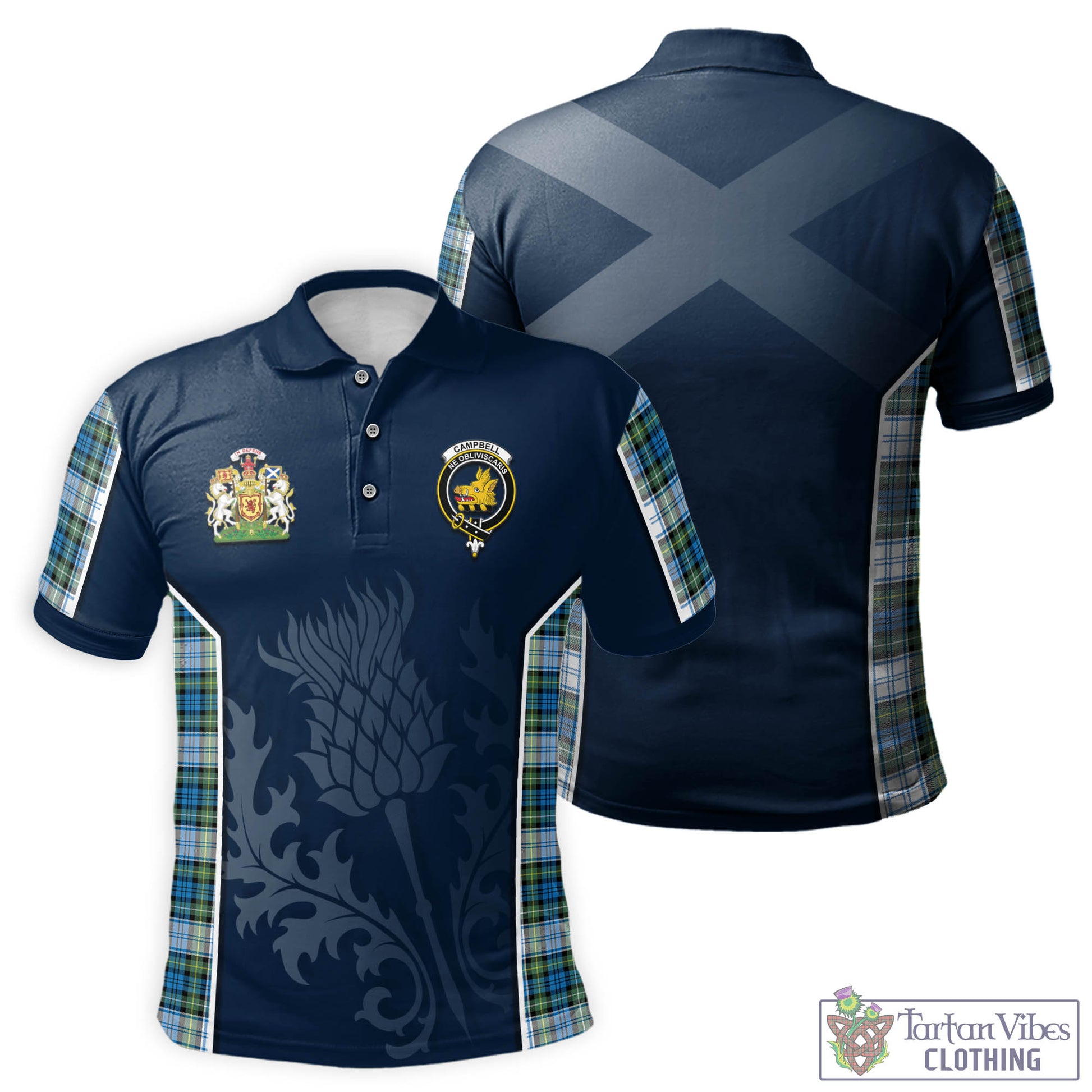 Tartan Vibes Clothing Campbell Dress Ancient Tartan Men's Polo Shirt with Family Crest and Scottish Thistle Vibes Sport Style