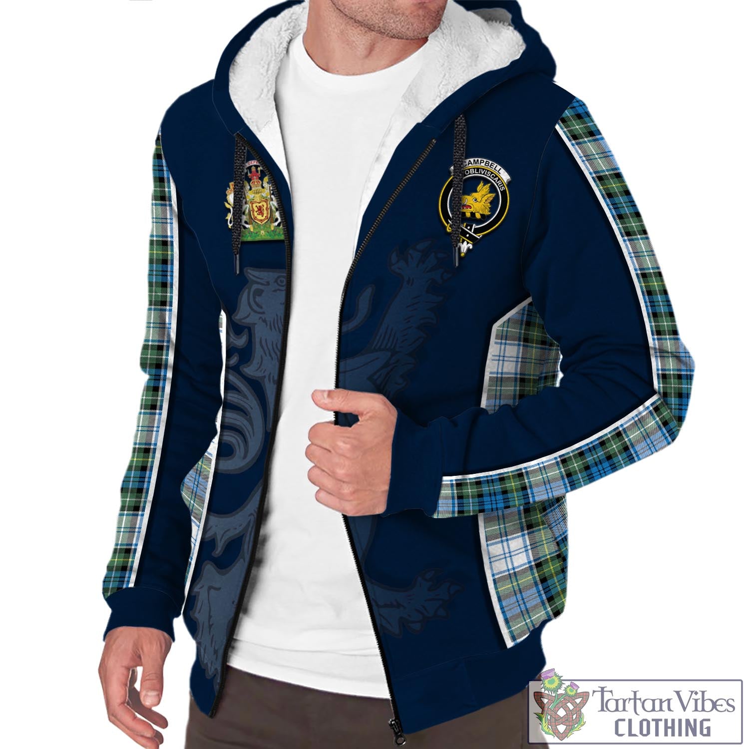 Tartan Vibes Clothing Campbell Dress Ancient Tartan Sherpa Hoodie with Family Crest and Lion Rampant Vibes Sport Style